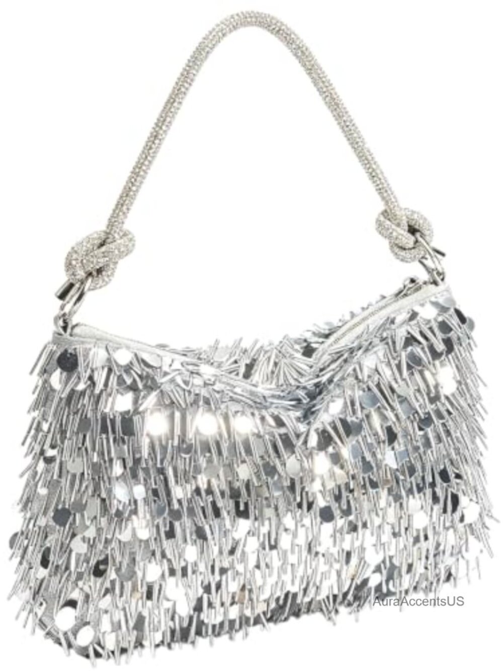Silver Sequin Fringe Clutch Purse Evening Bag with Rhinestone Strap